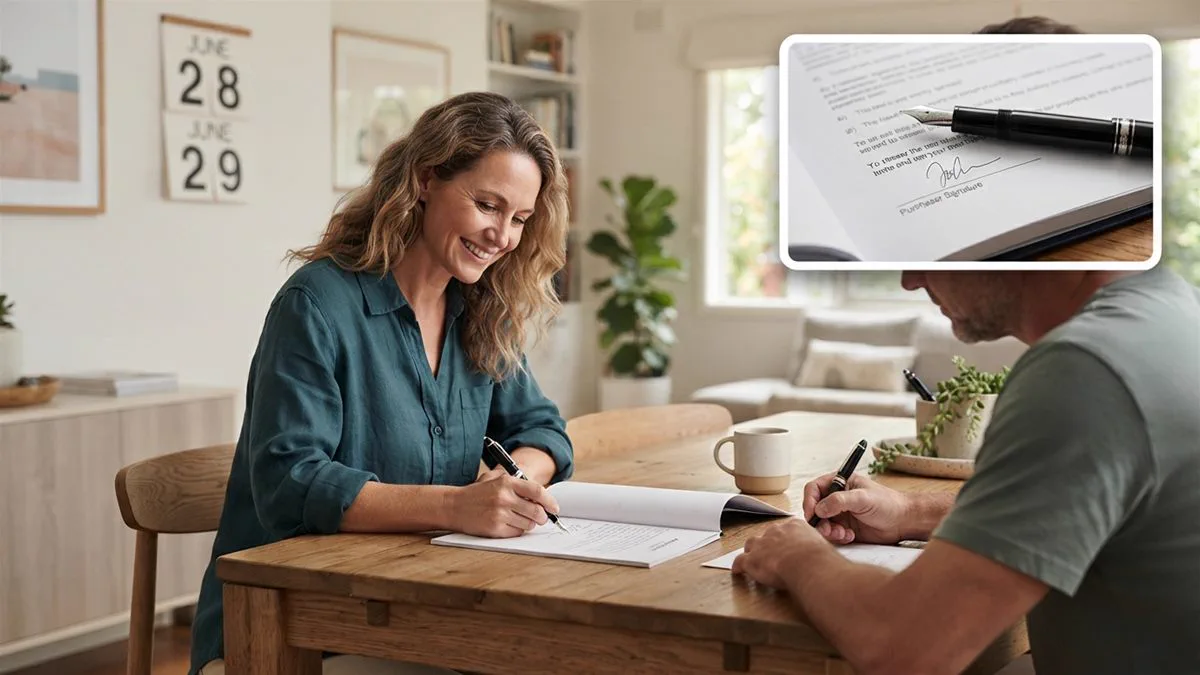 A property contract being signed at a table, with a wall calendar showing the end of June behind it